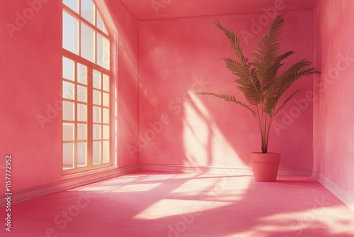 Elegant indoor plant against vibrant pink wall with natural light streaming in