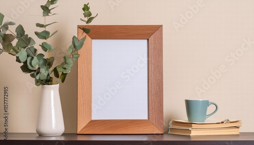 Elegant Empty Wooden Picture Frame Mockup on Beige Wall with Green Vase Perfect for Showcasing Artwork, Photos, or Posters in a Stylish Home Decor Setting
