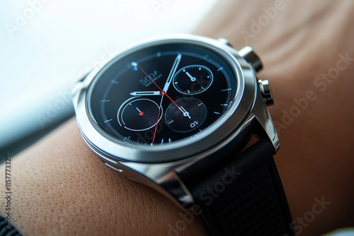 Stylish smartwatch with a silver bezel and black silicone strap, displaying a chronograph watch face. photo