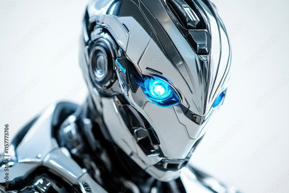 Close-up of a futuristic chrome robot with glowing blue eyes, showcasing advanced robotic design. Close-up of a futuristic chrome robot with glowing blue eyes, showcasing advanced robotic design.