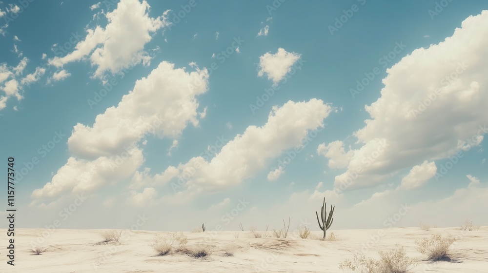 A serene desert scene featuring cactus plants beneath a cloud-filled sky A serene desert scene featuring cactus plants beneath a cloud-filled sky