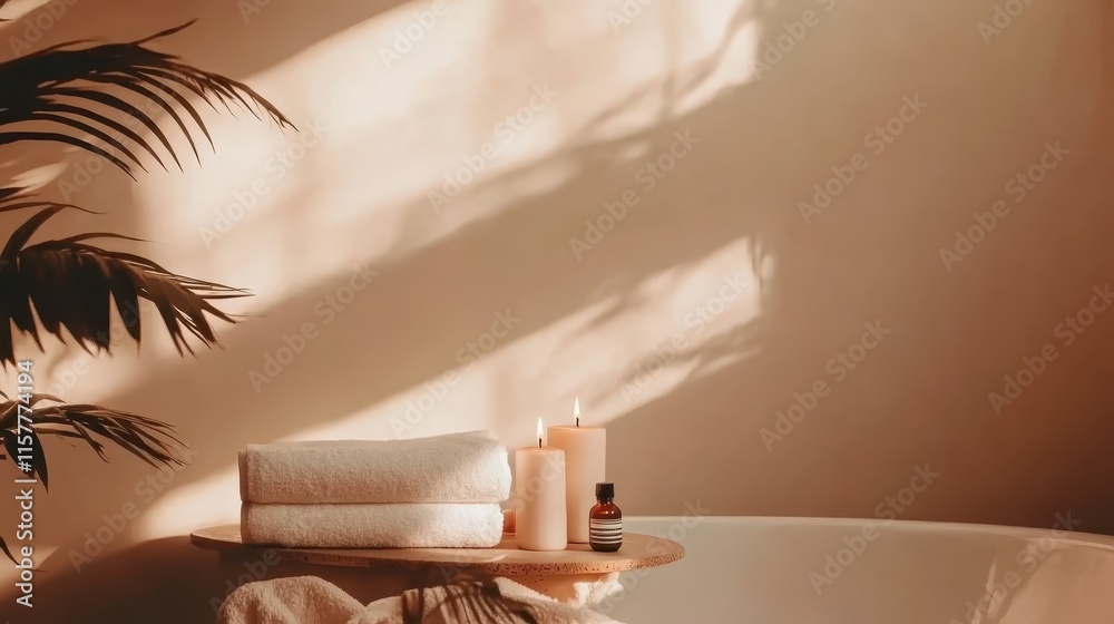Stack of white towels, candles, and essential oils on a table near a bathtub in a bathroom. in a minimalistic, illuminated by gentle, diffused lighting, set against a neutral background 