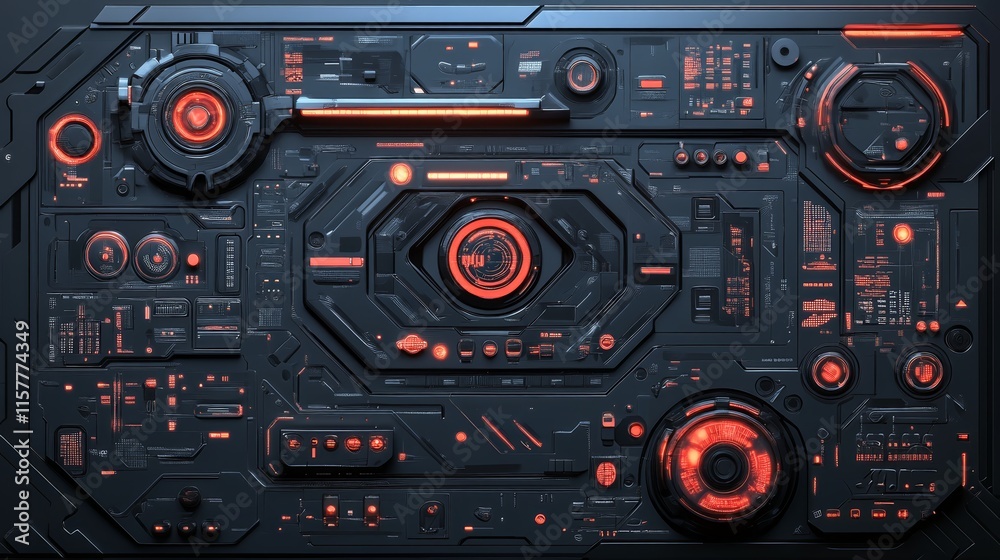 Fototapeta premium Futuristic sci fi control panel with glowing red lights.