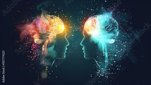A futuristic abstract illustration of two human profiles with illuminated brains connected by vibrant colors, symbolizing creativity, collaboration, and innovation.