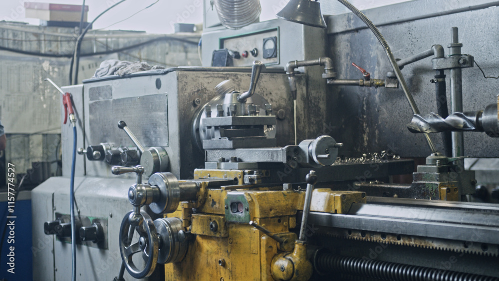 Industrial lathe machine engaging in precise metalworking within a factory environment, highlighting advanced manufacturing techniques and the intricacies of engineering processes Industrial lathe machine engaging in precise metalworking within a factory environment, highlighting advanced manufacturing techniques and the intricacies of engineering processes