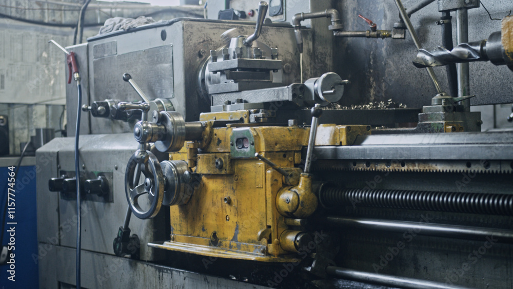 Close up of a metal lathe machine cutting metal, showcasing the precision and complexity of industrial metalworking processes in a factory workshop Close up of a metal lathe machine cutting metal, showcasing the precision and complexity of industrial metalworking processes in a factory workshop