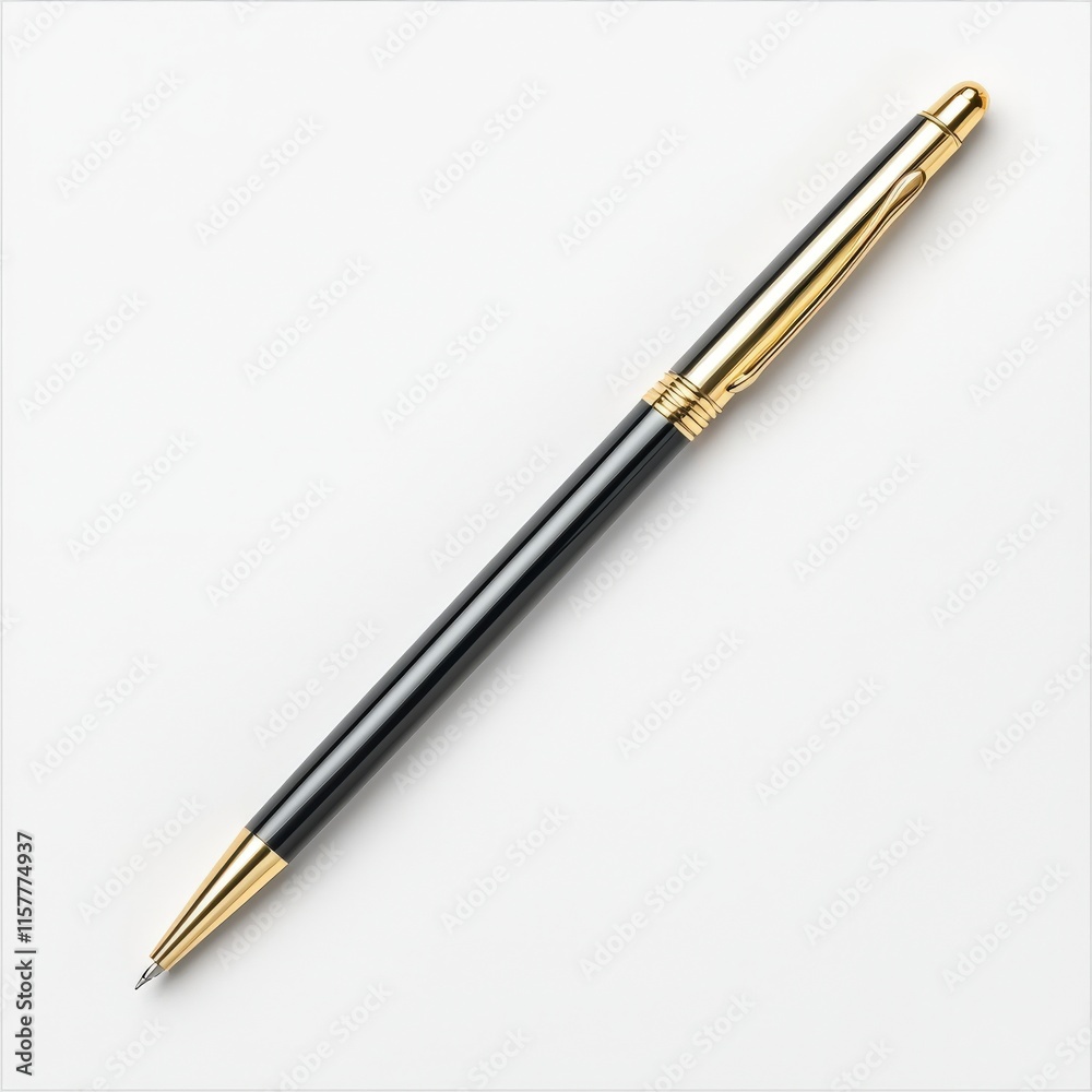 A sleek black pen with gold accents, perfect for signing documents and taking notes in a professional setting. A sleek black pen with gold accents, perfect for signing documents and taking notes in a professional setting.