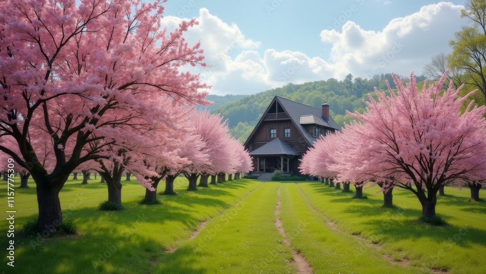 The image shows a beautiful landscape of a park with a row of trees on either side of a dirt path. The trees are covered in pink cherry blossom trees, creating a stunning display of color. The image shows a beautiful landscape of a park with a row of trees on either side of a dirt path. The trees are covered in pink cherry blossom trees, creating a stunning display of color.