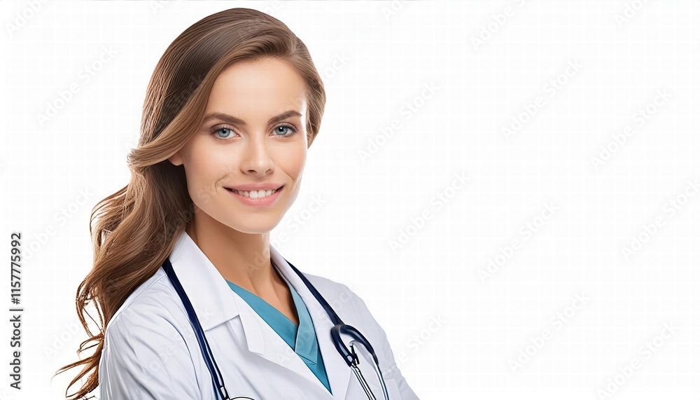 Portrait of a Young Female Doctor Isolated on White Background with Stethoscope, Representing Modern Healthcare and Compassionate Medical Professionals in a Professional Setting Portrait of a Young Female Doctor Isolated on White Background with Stethoscope, Representing Modern Healthcare and Compassionate Medical Professionals in a Professional Setting