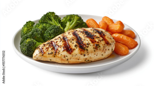 Grilled chicken breast with broccoli and carrots on a plate. photo