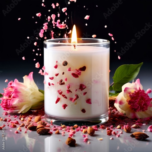 Serene candlelight with flower petals, fresh citrus, and spices creates a cozy atmosphere. Ideal for promoting wellness, home decor, and lifestyle imagery.