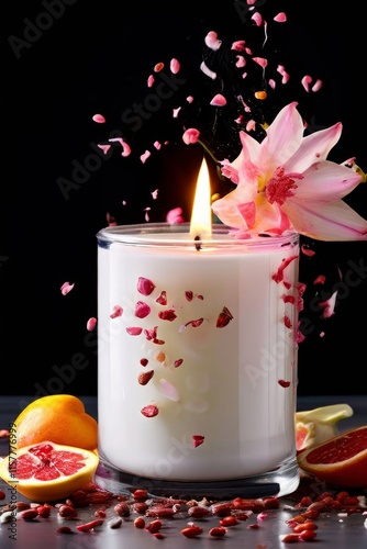 Aromatic candle surrounded by vibrant flower petals, fresh fruits, and spices. Captures essence of relaxation, perfect for wellness and inviting home settings.