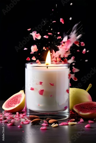 Aromatic candle surrounded by vibrant flower petals, fresh fruits, and spices. Captures essence of relaxation, perfect for wellness and inviting home settings.
