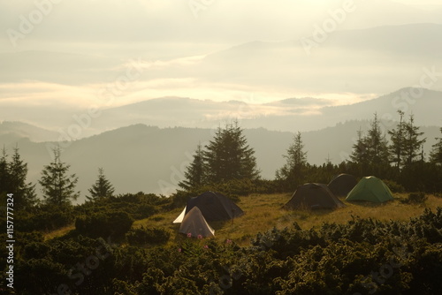 Tourist camp on a mountain meadow on a sunny morning.