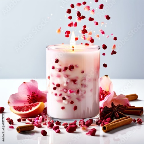 Aromatic candle surrounded by vibrant flower petals, fresh fruits, and spices. Captures essence of relaxation, perfect for wellness and inviting home settings.
