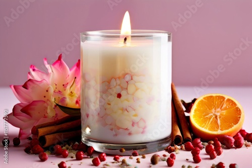 Aromatic candle surrounded by vibrant flower petals, fresh fruits, and spices. Captures essence of relaxation, perfect for wellness and inviting home settings.