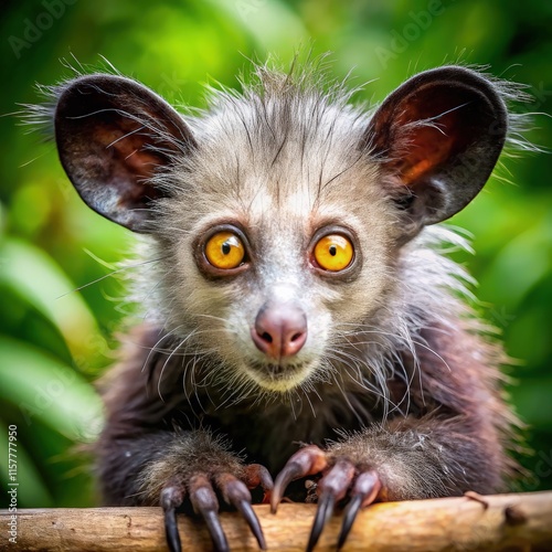 Unique Aye Aye Posing on a Branch in a Lush Green Environment. Generative AI photo