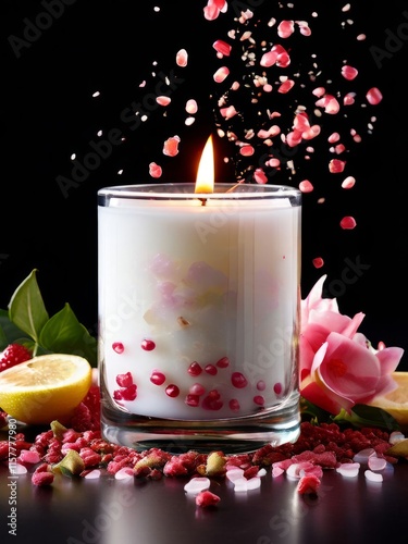 Aromatic candle surrounded by vibrant flower petals, fresh fruits, and spices. Captures essence of relaxation, perfect for wellness and inviting home settings.