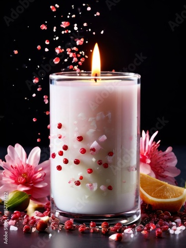 Aromatic candle surrounded by vibrant flower petals, fresh fruits, and spices. Captures essence of relaxation, perfect for wellness and inviting home settings.
