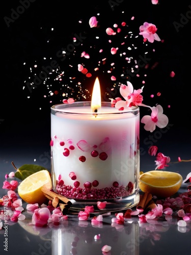 Aromatic candle surrounded by vibrant flower petals, fresh fruits, and spices. Captures essence of relaxation, perfect for wellness and inviting home settings.