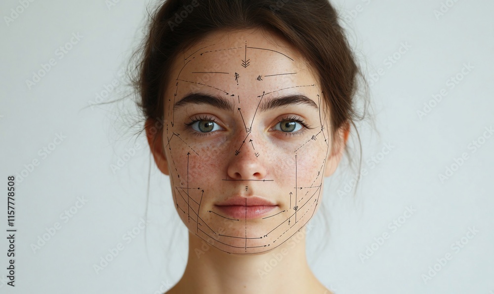 A woman's face with facial mapping lines for analysis or treatment purposes. A woman's face with facial mapping lines for analysis or treatment purposes.