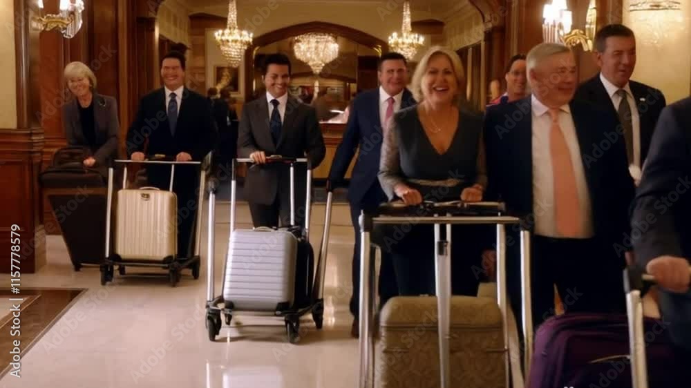 A cinematic shot of guests arriving with luggage trolleys and walking toward the reception. A cinematic shot of guests arriving with luggage trolleys and walking toward the reception.