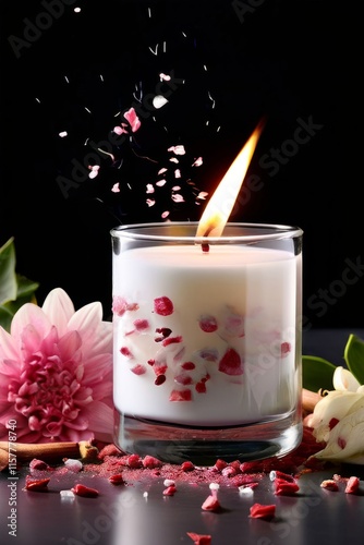 Elegant candle scene with colorful petals, fresh apple, and aromatic spices. Ideal for enhancing tranquility, wellness, and cozy home environments.