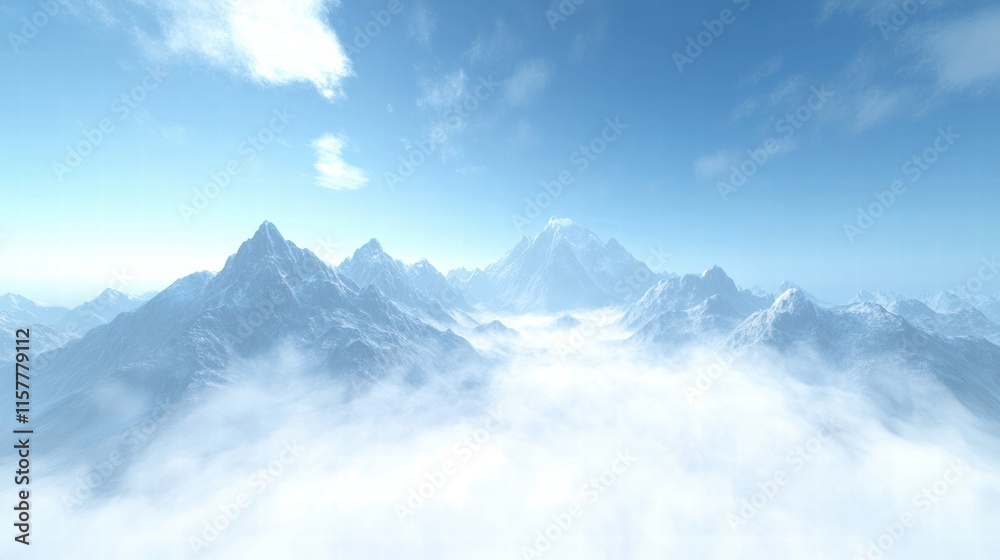 Majestic mountain peaks rise above clouds in a serene blue sky with plenty of space for text and mock up designs. Generative AI Majestic mountain peaks rise above clouds in a serene blue sky with plenty of space for text and mock up designs. Generative AI