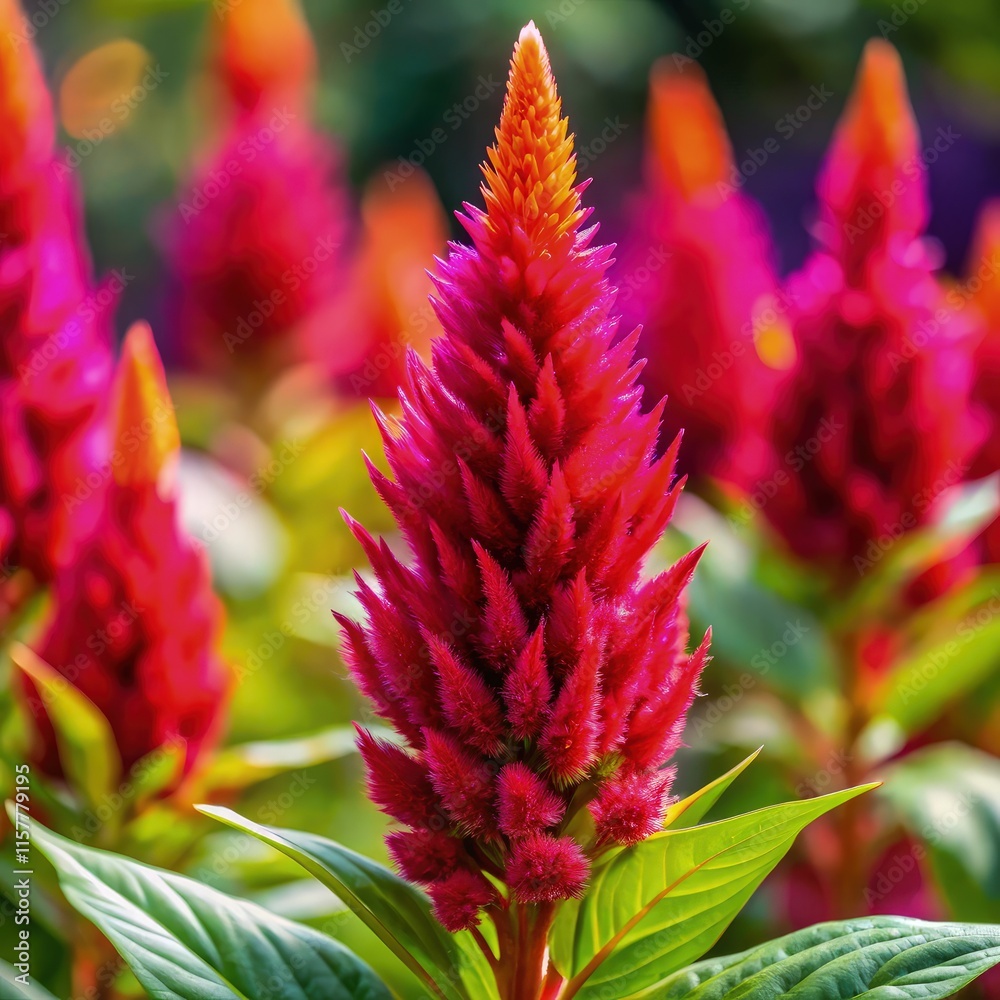 Celosia Flowers Bloom Vibrantly in a Lush Garden During Sunny Weather. Generative AI Celosia Flowers Bloom Vibrantly in a Lush Garden During Sunny Weather. Generative AI