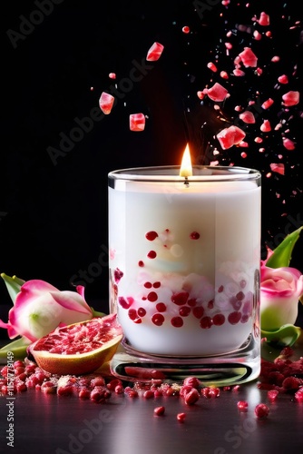 Elegant candle scene with colorful petals, fresh apple, and aromatic spices. Ideal for enhancing tranquility, wellness, and cozy home environments.