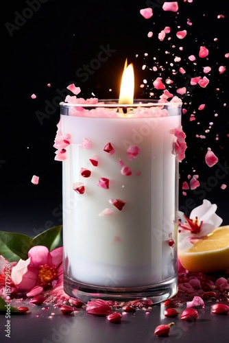 Elegant candle scene with colorful petals, fresh apple, and aromatic spices. Ideal for enhancing tranquility, wellness, and cozy home environments.