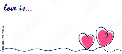 vector features the handwritten phrase love is at the top left corner, with two intertwined red hearts outlined in black at the bottom right. The white background provides ample space for text