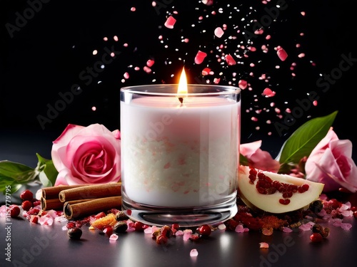 Elegant candle scene with colorful petals, fresh apple, and aromatic spices. Ideal for enhancing tranquility, wellness, and cozy home environments.