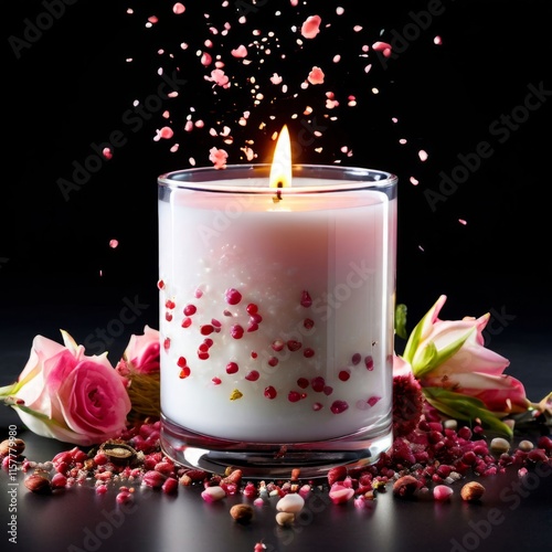 Elegant candle scene with colorful petals, fresh apple, and aromatic spices. Ideal for enhancing tranquility, wellness, and cozy home environments.