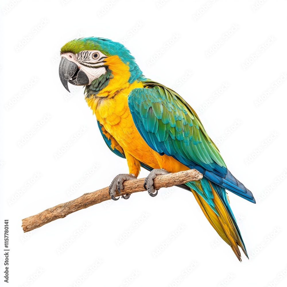 Fototapeta premium A vibrant blue and yellow parrot perched on a branch, showcasing its stunning feathers and expressive features.
