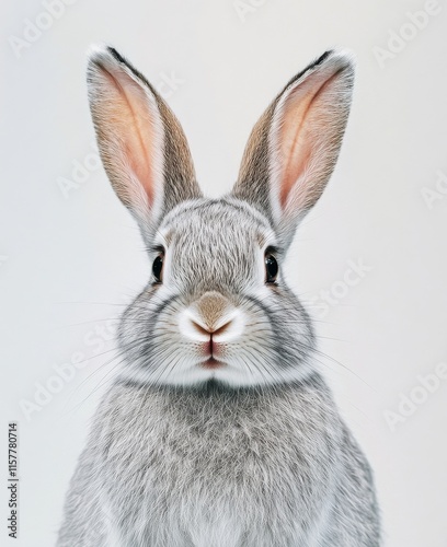 Cute gray rabbit with long ears posing against a plain background