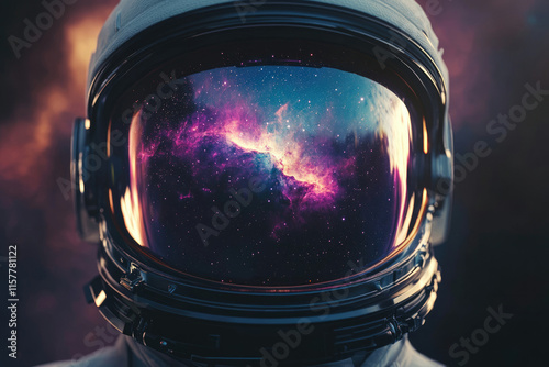 An astronaut's helmet reflects a vibrant nebula, symbolizing space exploration and cosmic wonders.
