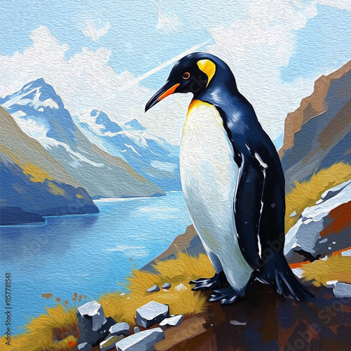 Penguin. Animal illustration with oil paint. Pattern for printing on wall decorations, covers, wallpapers photo