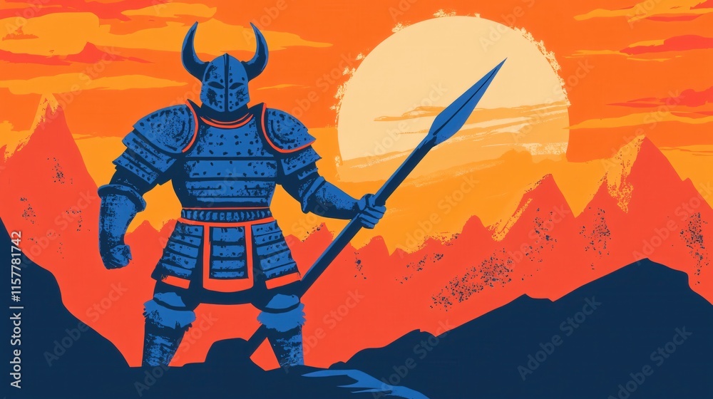 Obraz premium Armored Warrior Against Sunset Sky in Bold Graphic Style Illustration