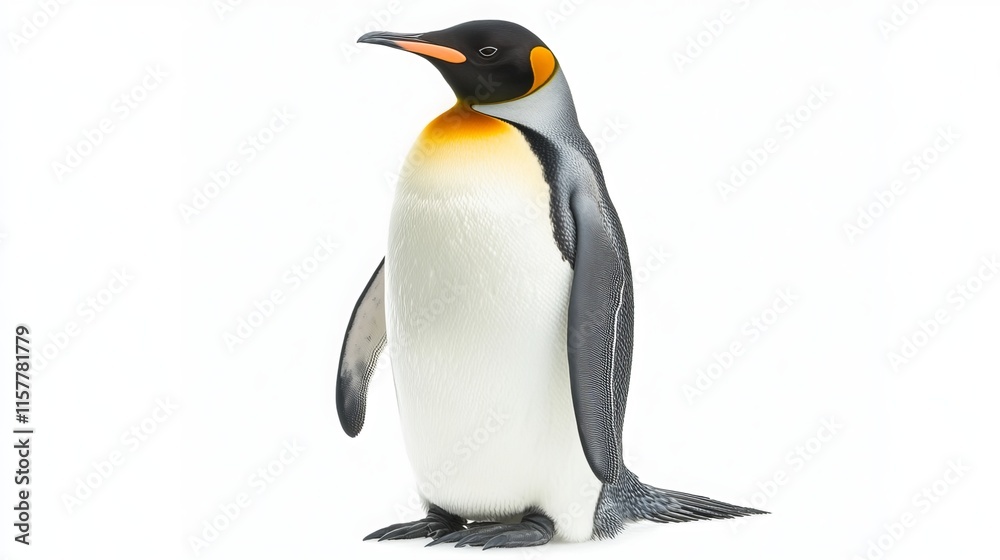 Obraz premium A striking penguin adorned with a black cap, vibrant orange ear patch, and a pale yellow chest. Its immaculate white belly contrasts beautifully with its distinctive coloration