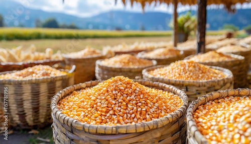 Golden Corn Kernels Sun-Drying in Traditional Baskets on a Farm