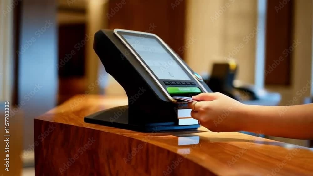 A guest�s hand placing a credit card into a payment terminal on the reception counter.