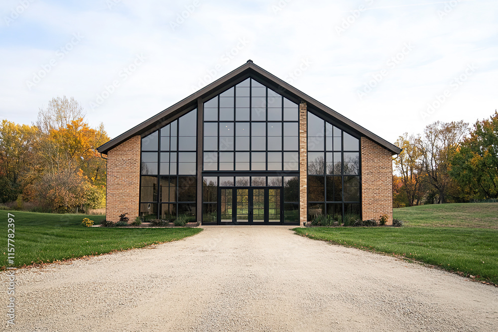 Obraz premium A modern, minimalist wedding venue in the Midwest with large windows and glass doors on an autumn day. The front of it is made from brick, there's a long driveway leading up to its entrance.