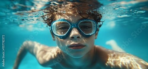 Wallpaper Mural A young boy swimming underwater, wearing goggles and focused on the camera. Torontodigital.ca