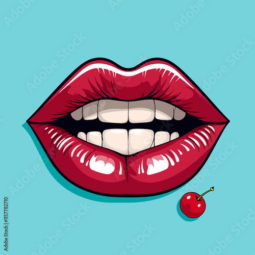 Colorful pop art mouth biting cherry vector illustration for graphic design use
