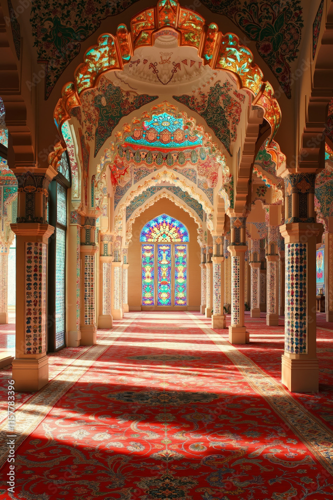 Obraz premium A long hallway with arches and stained glass windows in a building