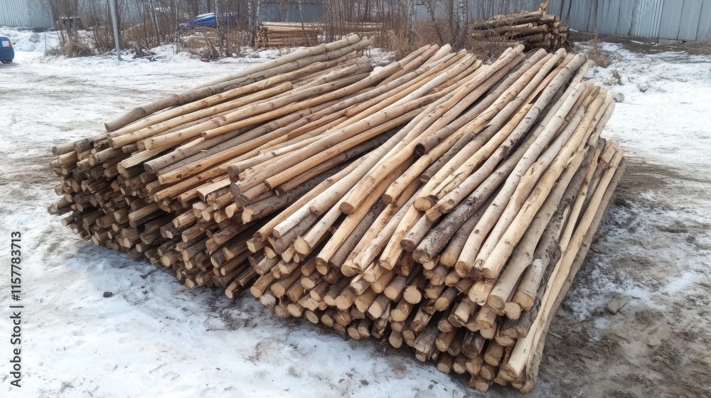 Pile of Raw Timber Logs Stacked Neatly in Winter Landscape with Snow Pile of Raw Timber Logs Stacked Neatly in Winter Landscape with Snow