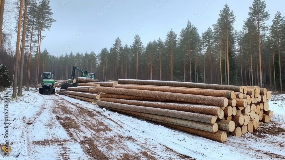 Fototapeta premium Timber Harvesting with Heavy Machinery in Snowy Forest Environment