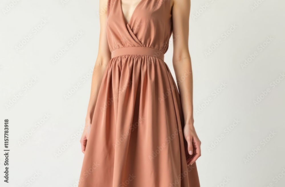 Fototapeta premium closeup on elegant woman in sleeveless mocha mousse colored dress. fashion concept for casual wear and boutique advertisement.