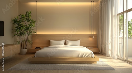 A modern hotel room featuring minimalist design, natural wood furniture, and soft, neutral colors.